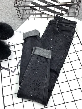 Stras Fleece Lined Căptușit Cald Blugi Pentru Femei De Iarnă De Înaltă Talie Pantaloni Din Denim Elastic Slim Fit Negru Gri Skinny Boot Pantaloni