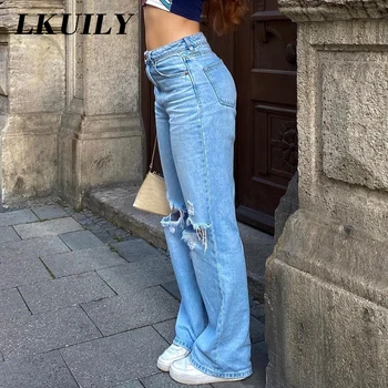Vintage Rupt Blugi Femei cu Talie Înaltă Drepte Largi Pantaloni din Denim 2022 Moda Prietenul 90 Streetwear Pantaloni Albastru Blugi Mama