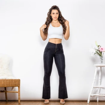 Shascullfites Femei Blugi de Moda Super Stretch Denim High Street Style Primavara-Vara Flare Jeans Haine de Femei