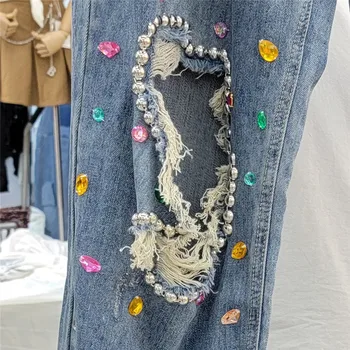 2022 vară de moda noua gamă picior blugi femei de lux pietre de diamant gaura denim de înaltă talie pantaloni femei pantaloni drepte streetwear