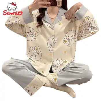 Kawaii Desene Animate Sanrio Cinnamoroll Pijamale Fete Anime Drăguț Femei Costum De Pijama Cu Maneca Lunga Petrecere A Timpului Liber Acasă Haine 2 Buc Costum