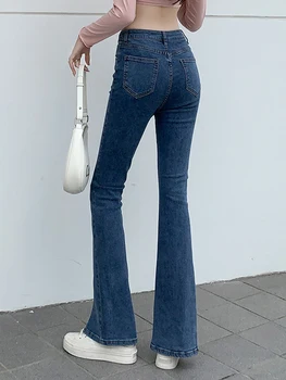 Noi Femeile Elastic Denim Flare Pantaloni Femei De Epocă Talie Mare Albastru Split Blugi Coreean Chic Negru Clopot De Jos Blugi Streetwear