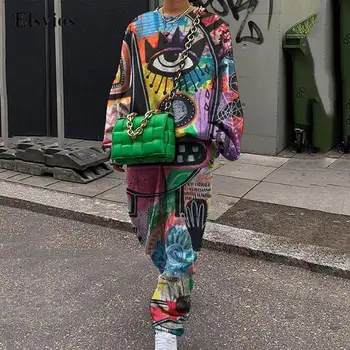 Street Moda Graffiti Print Set De Trening Casual O Gâtului Pulover De Topuri Și Pantaloni De Trening Costume Femei Cu Maneci Lungi Tricou