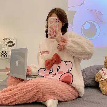 Kawaii Kirby Coral Catifea Pijamale De Iarna Pentru Fete Cald Acasă Set De Pijama Drăguț Anime Îngroșat Pijamale Fata Ziua De Nastere Cadou De Crăciun