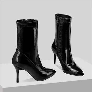 2023 Iarna Femei Glezna Cizme Rosii Din Piele Neagra Brevet De Partid Birou Doamnă A Subliniat Deget De La Picior Toc Pantofi Cu Toc De Moda Cizme Scurte Cu Fermoar