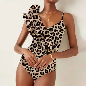 Moda Leopard De Imprimare Pe Un Umăr Zburli-O Singură Bucată De Costume De Baie Sling Subțire Talie Mare Bikini Sexy Cu Spatele Gol Femei De Plajă, Îmbrăcăminte De Vară