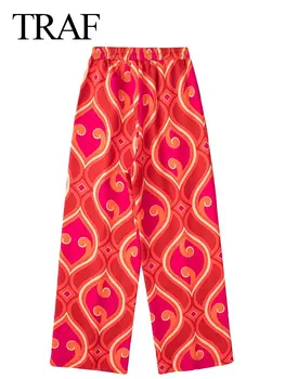 TRAF Nou Roșu de Imprimare Cald Cordon Elastic Talie Pantaloni Largi Picior Pierde Confortul Casual de Strada de Mare de Moda de Îmbrăcăminte pentru Femei