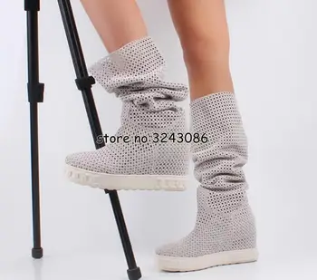 Calitate Top Moda Doamnă Ascunse Pană Platforma Cut-out Sandale Cizme Femeie Roma Stil piele de Căprioară Genunchi Ridicat Cizme Lungi de Pantofi