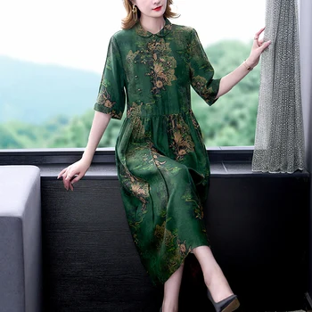2022 Vară Stil Chinezesc De Mătase Imprimate Rochie Maneca Scurta Guler De Papusa Elegante Plus Dimensiune Rochie Cheongsam Verde Vestido Feminino