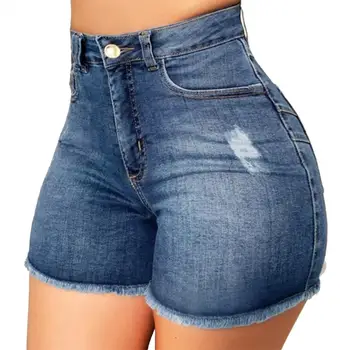 Pantaloni Scurți de vară pentru Femei Talie Mare Rupt Gaura Buzunare Slim Casual pantaloni Scurti din Denim de sex Feminin pentru Munca Femei Îmbrăcăminte de culoare Albastru Închis 3XL