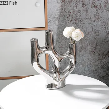 Argint Abstract Vaza Ceramica Ghivece De Flori Decorative Aranjament De Flori De Decorare Camera De Zi Vaze De Flori Moderne, Decor Acasă