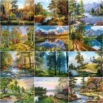 Vopsea De Numărul Peisaje Acrilice Desen, Panza Pictura Ulei De Numere de Copaci și Munți, Peisaj pentru Adulți Decor Acasă