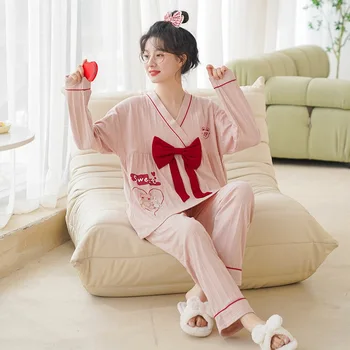 2 Bucăți Set Kimono Pijamale Pentru Femei Plus Dimensiune 4XL 5XL Serviciu Acasă Arc Drăguț Dulce Pijamale Costum de sex Feminin Acasă Costum de Pijama Mujer