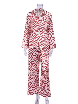 Hiloc Zebra Cu Dungi De Imprimare Pijamale Satin Low Cut Vrac Pijamale 2022 Primăvară Maneca Lunga Femei Seturi, Cu Pantaloni Largi Picior Acasă Costum