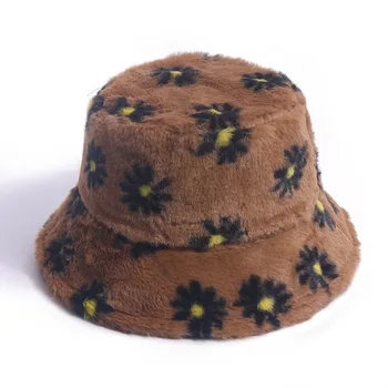 Faux Blana De Iarnă Bucket Hat Pentru Femei De Moda Daisy Flori Panama Moale Cald Pescuit Capac Exterior Pliabil Bob Pălărie De Pescar