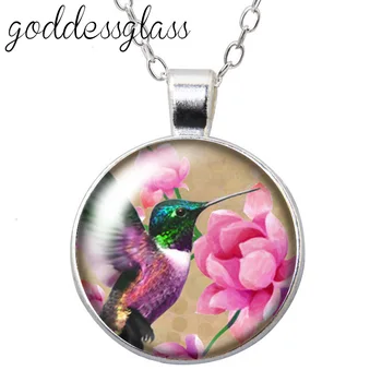 Păsări drăguț Flori Colibri Rotund Pahar de sticla placat cu argint cabochon/Cristal pandantiv colier bijuterii pentru Cadou