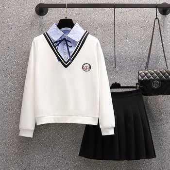Toamna anului 2022 Femei Noi Doi 2 Bucata Set coreean Colegiul Stil Mâneci Lungi Tricou Topuri și de Înaltă Talie Fusta Plisata Fusta Mini