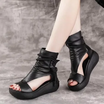 GKTINOO 2022 Vara Noi Femeile Negre din Piele Sandale Cool Cizme Platforma Pantofi Pene Sandale Femei Pantofi de Moda Sandale în aer liber,